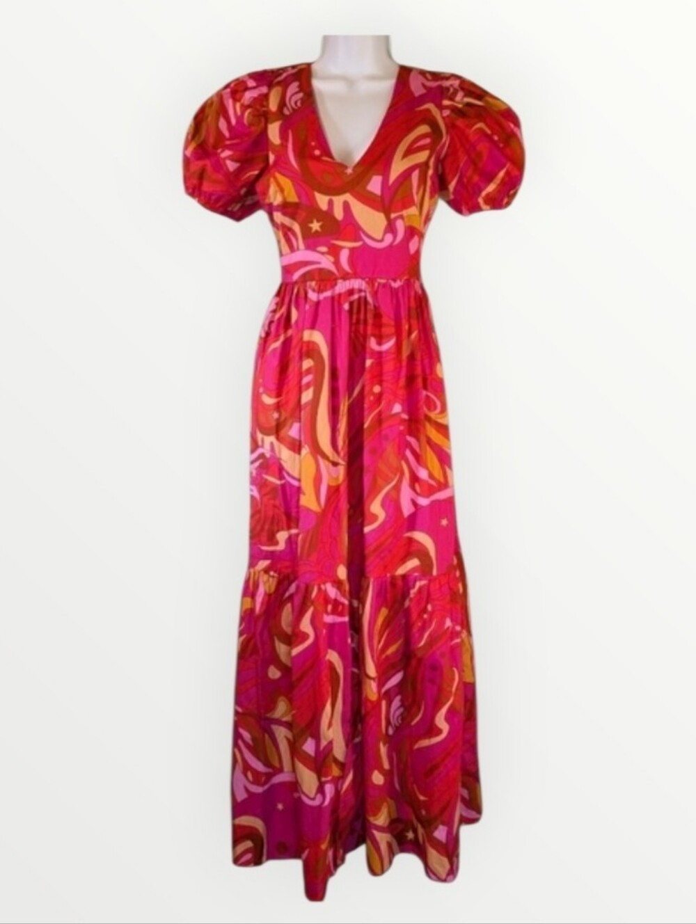 Anthropologie 1.State pink printed puff sleeve Maxi dress v-neck Smocked cut-out - Picture 3 of 9